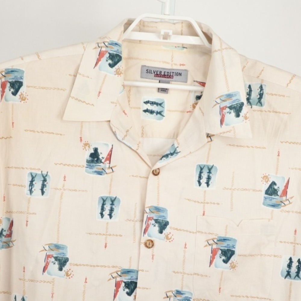Quiksilver Silver Edition Shirt Mens XL Cream Nautical Sailboat Fish Camp Top